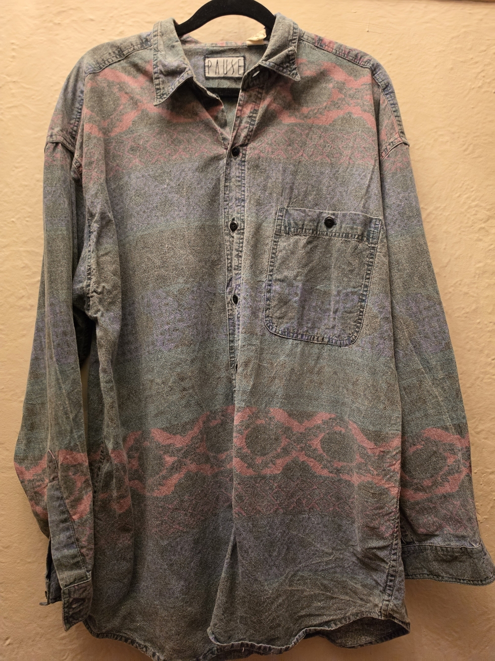 Pause Vintage 90s Denim Chambray Shirt Pink Mountain Print Button Up